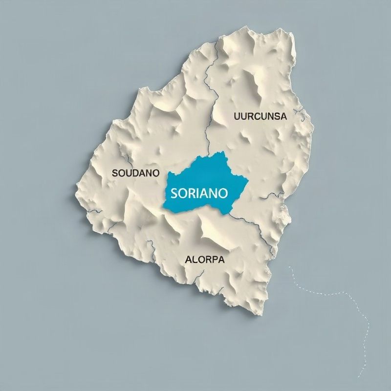 Mapa en relieve de Uruguay con el departamento de Soriano destacado
