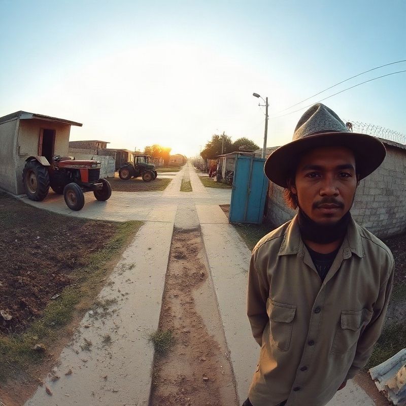 Vista de una ciudad agrícola uruguaya al amanecer con tractores al fondo