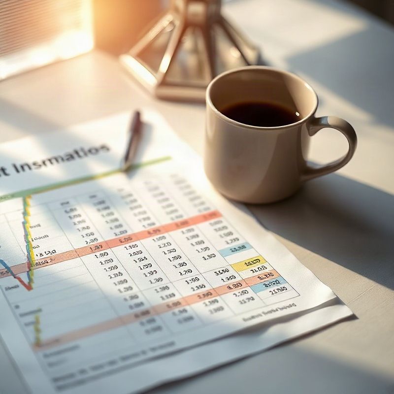 Gráfico impreso del IPC con filas destacadas junto a una taza de café en un escritorio
