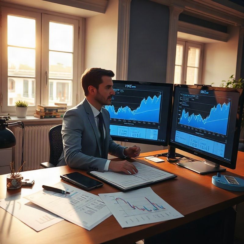 Periodista trabajando con tablas estadísticas del INE y gráficos en pantalla