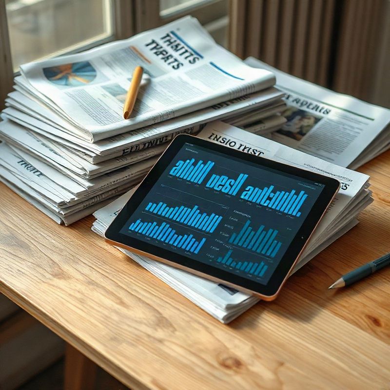 Informes económicos impresos y una tablet con visualizaciones de datos